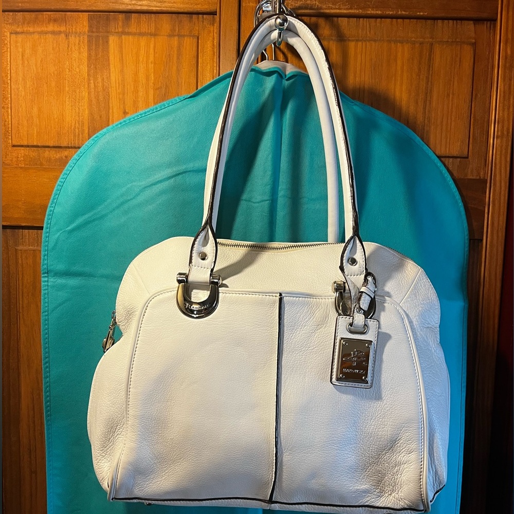 B. Makowsky Bright White Large Leather Zippered Tote Shoulder Bag